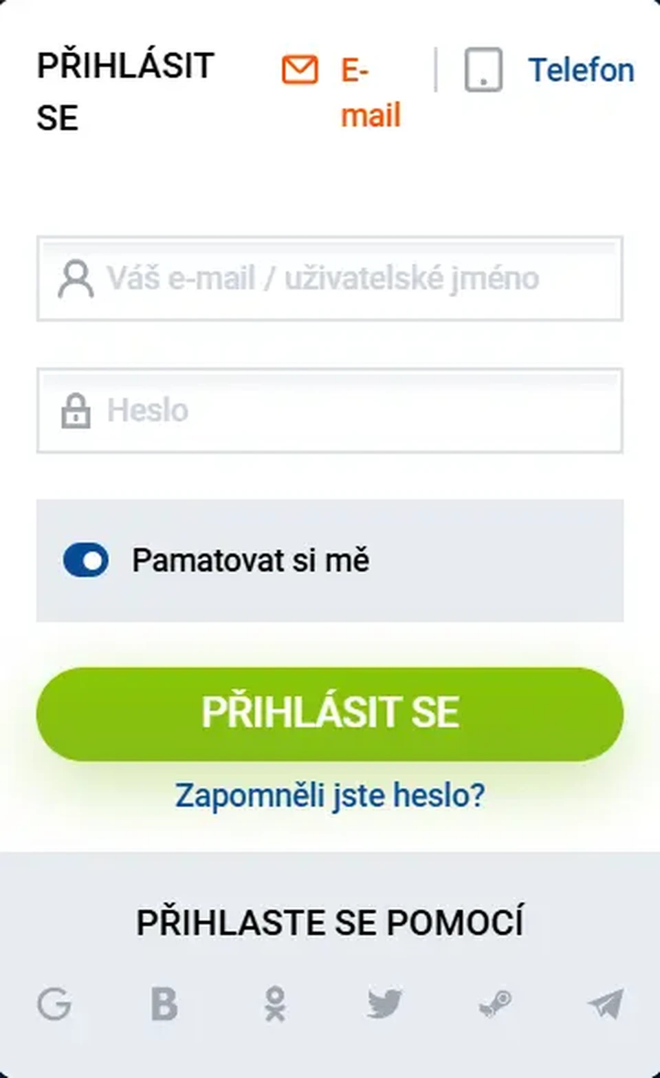 Přihlašovací obrazovka Mostbet