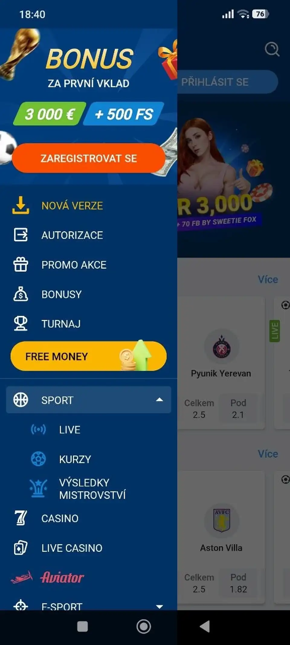 Rozhraní mobilní aplikace Mostbet – hlavní menu